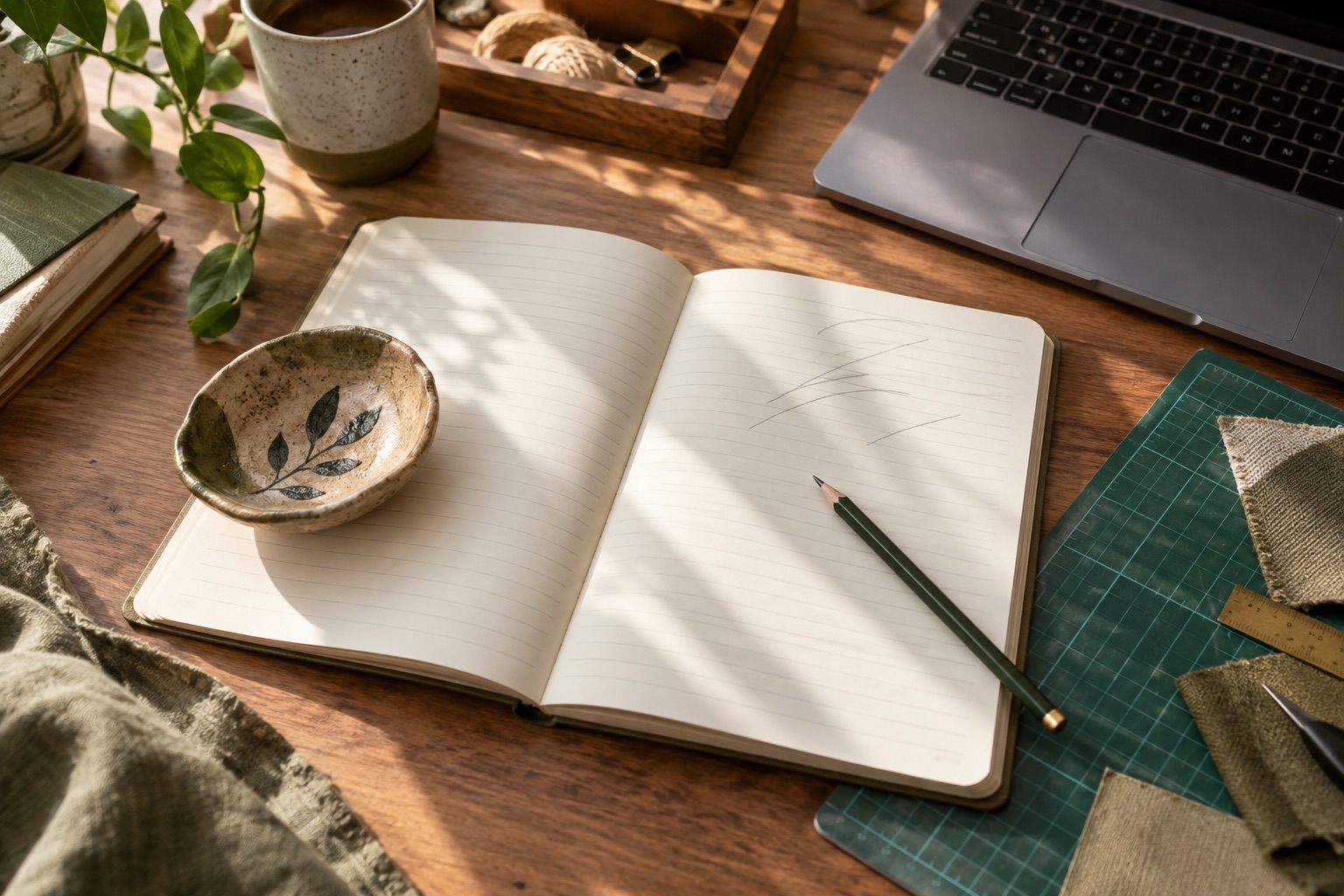 Illustrative photo of a maker’s workspace with a notebook, laptop and material samples.